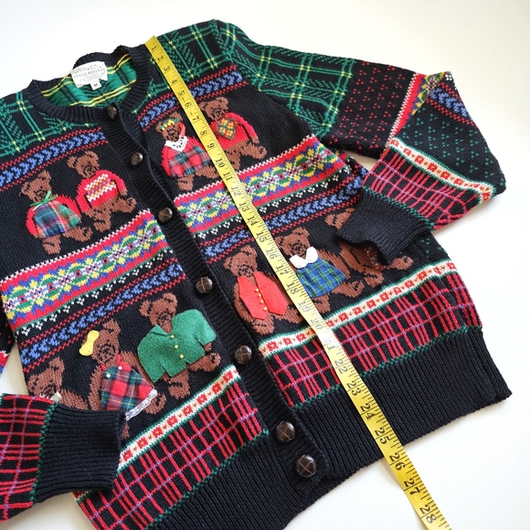 Vintage 1992 Susan Bristol Hand Knit Bear Pattern Colorful Cardigan Sweater Sz S - Picture 11 of 15